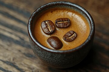 Close-up of a Cup of Coffee with Coffee Beans Floating on Top