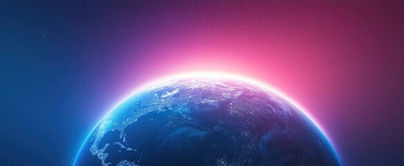 Minimalist Banner Featuring Earth's Silhouette with a Glowing Ring Representing the Ozone Layer on a Soft Blue and Purple Gradient Background