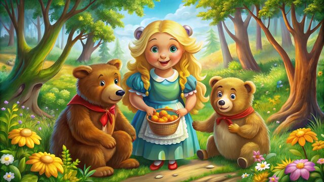 Charming cartoon illustration of Goldilocks and the three bears in a whimsical forest setting