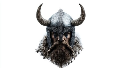 Bearded Viking head in a helmet with horns, isolated on white.