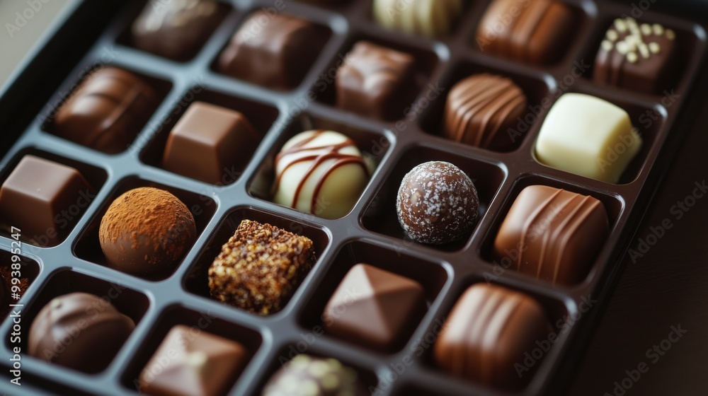 Poster a variety of gourmet chocolates arranged neatly in a gift box, featuring different textures and desi