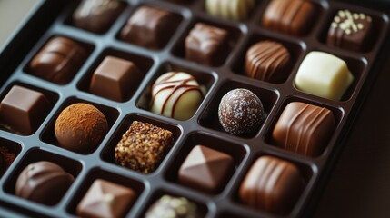 Fototapeta premium A variety of gourmet chocolates arranged neatly in a gift box, featuring different textures and designs, from truffles to pralines, ready to be enjoyed.