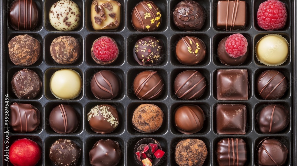 Poster a variety of gourmet chocolates arranged neatly in a gift box, featuring different textures and desi
