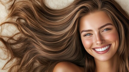 Fototapeta premium Radiant Young Woman with Flowing Hair and Bright Smile