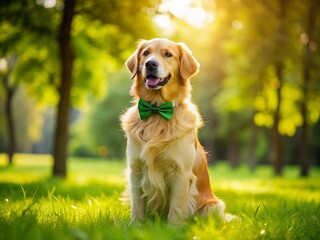 Charming Golden Retriever in a Bow Tie Posing Elegantly on a Sunny Day in a Lush Green Park