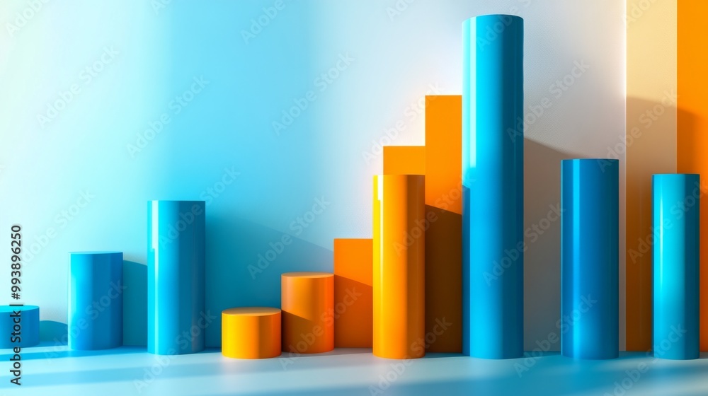 Poster a vibrant 3d bar chart in shades of blue and orange, set against a white background with shadows cas