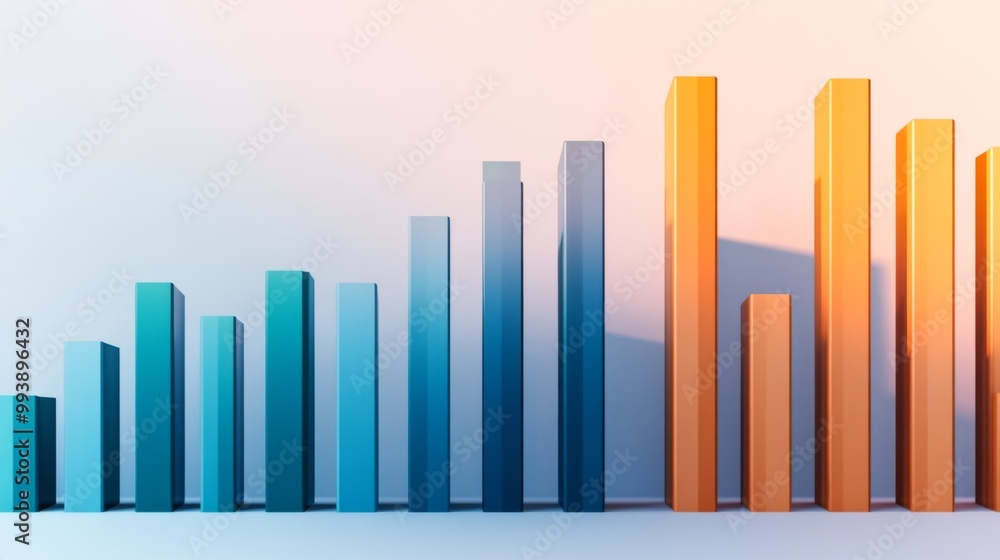 Leinwandbilder A vibrant 3D bar chart in shades of blue and orange, set against a white background with shadows cast by the bars to create a sense of depth and dimension.