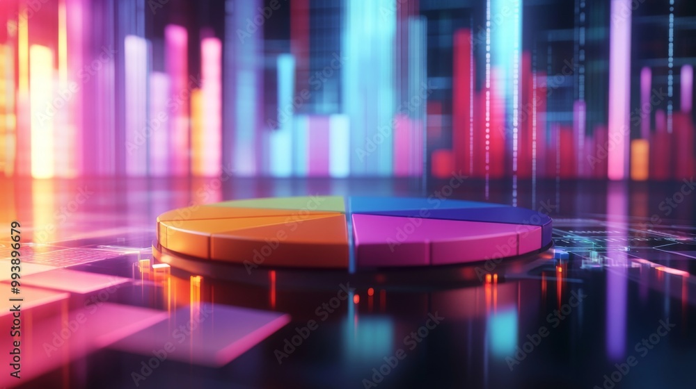 Poster a vibrant 3d pie chart with colorful segments floating above a digital screen, representing data ana