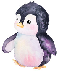 Cute penguin cartoon drawn with watercolor.Animal characters are perfect for the polar snow.
