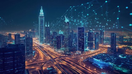 Nighttime Cityscape with Network Connections