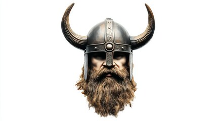 Fototapeta premium Bearded Viking head in a helmet with horns, isolated on white.