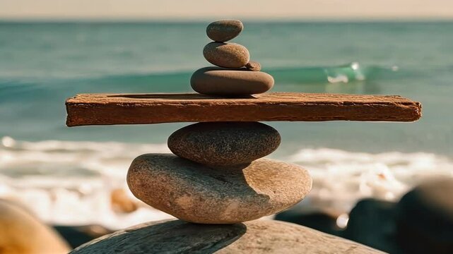 Balancing stones by the ocean tranquility and harmony in nature's art, 4k footage
