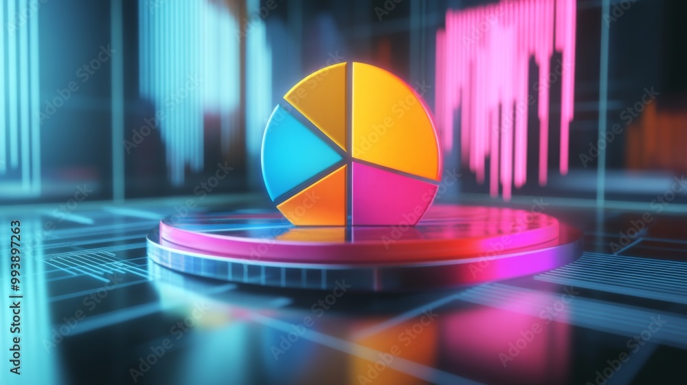 Poster a vibrant 3d pie chart with colorful segments floating above a digital screen, representing data ana