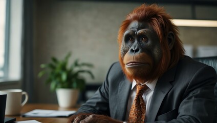 Orangutan in a business suit in an office setting.