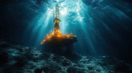 Fototapeta premium Oil Rig Silhouette in Sunbeams Under the Sea
