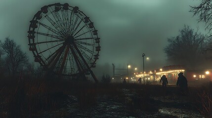 An abandoned carnival at night, with a rusted Ferris wheel, faded lights flickering, and eerie clowns hiding in the shadows. Fog rolls through the scene, creating a chilling and spooky atmosphere.