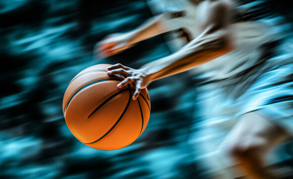 A close-up of an indoor basketball player's hand, holding the ball in motion, is captured against a blurred background with dynamic lighting. - Powered by Adobe