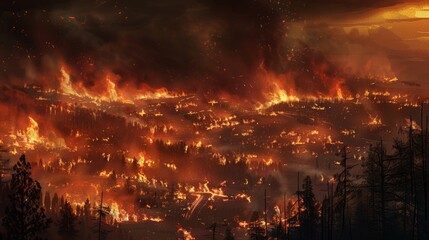 Fototapeta premium Intense Nighttime Wildfire Engulfing Forested Mountain Landscape with Fiery Glow and Billowing Smoke
