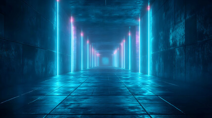 Blue and Pink Neon Lights in a Dark Hallway 3D Illustration