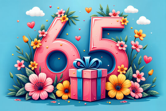 65th birthday card. Vibrant and colorful illustration of the number 65 surrounded by various flowers, with a large gift box prominently displayed below it.