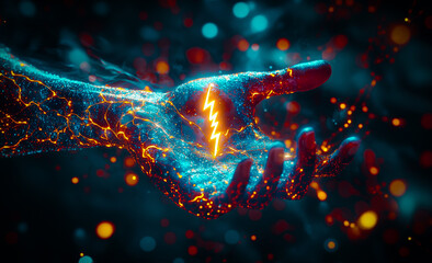 A glowing electric lightning bolt crackles in the palm of an outstretched hand, surrounded by swirling blue and orange energy particles against a dark background.