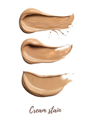 Smear of beige cream on white isolated background top view. 3d Realistic cream texture. Cosmetic swatch texture. Vector mesh cream stain. Skincare beauty element. Nude color cream. Brown dark cream ba