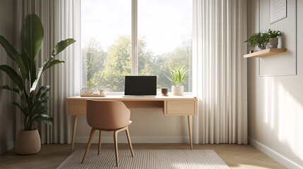Fototapeta premium Minimalist home office with a desk against a large window, simple chair, laptop, and a few well-placed decor pieces. Focus on the contrast between clean lines and soft natural light