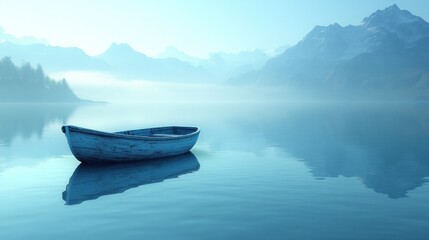 Serene boat on a calm lake surrounded by misty mountains.