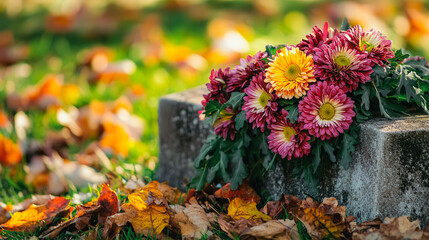 A stone with a bunch of flowers on top of it