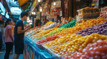 Obraz premium A vibrant market stall displaying rows in various colors and flavors, with customers eagerly choosing their favorites, capturing the excitement of shopping.