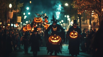 A dark eerie Halloween parade through an American city