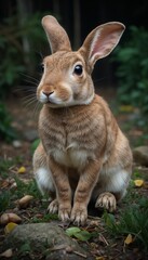 Fototapeta premium Cute rabbit sitting quietly in garden surrounded by green foliage 