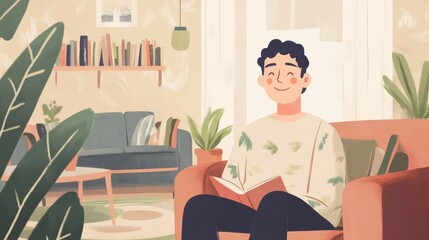 Relaxed Man Reading Book in Cozy Home Interior with Plants