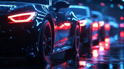 Black sedans in a row, forming a sleek car fleet. Generic modern cars with a brandless design, illuminated by neon lights. After rain, wet surface, night scene. 