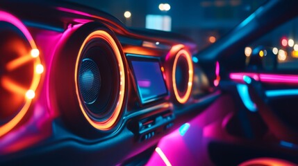A vibrant scene of a car interior with colorful LED lights illuminating the speakers, emphasizing the dynamic atmosphere of a party on wheels.
