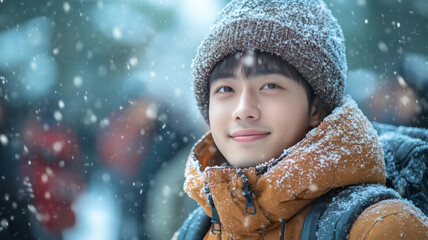 Asian male students taking classes outdoors in the snow