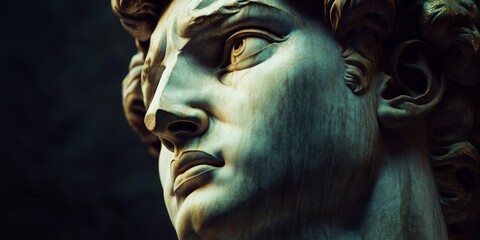 A breathtaking sculpture head showcasing a detailed and expressive face. The grey tones highlight timeless beauty and artistry. Ideal for art lovers and history enthusiasts. AI.