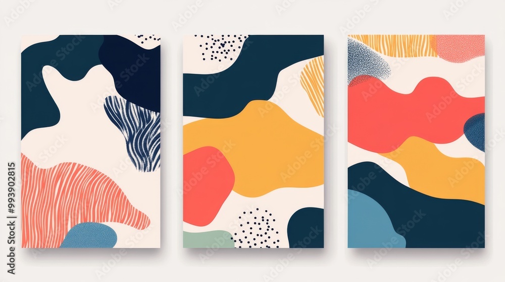 Poster set of three frame modern abstract covers set featuring colorful geometric backgrounds - minimalist 
