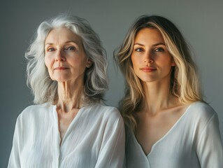 Portrait of two beautiful women, one older and one younger, standing in a relaxed pose, their expressions soft and serene