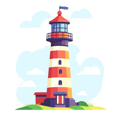 Flat design illustration of a lighthouse, with a white background, in a simple and minimalistic style. 