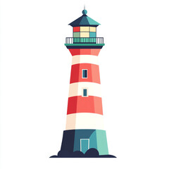 Flat design illustration of a lighthouse, with a white background, in a simple and minimalistic style. 