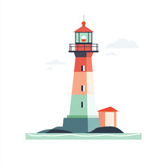 Flat design illustration of a lighthouse, with a white background, in a simple and minimalistic style. 