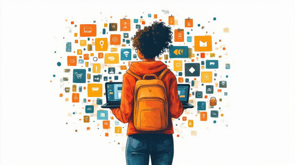 a teen with a lap top with a background full of Ai symbols cartoon like minimalist colorful bright