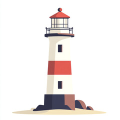 Flat design illustration of a lighthouse, with a white background, in a simple and minimalistic style. 