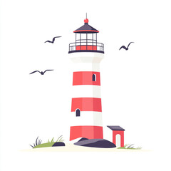 Flat design illustration of a lighthouse, with a white background, in a simple and minimalistic style. 