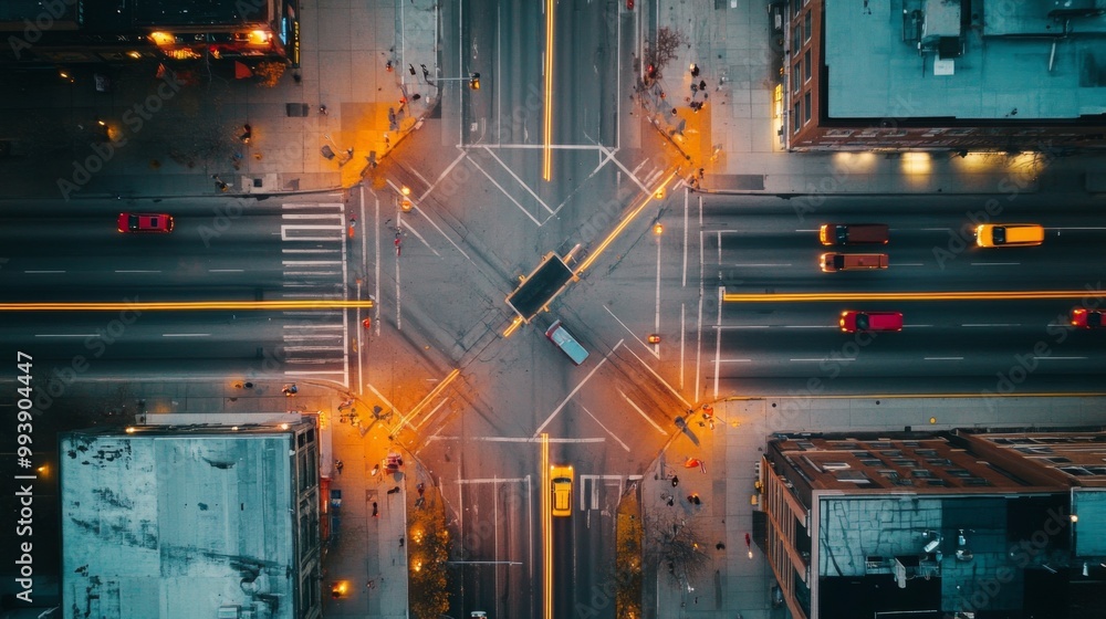 Fototapete An aerial view of an intersection with multiple traffic lights, capturing the complexity of city traffic and the organized chaos of urban transportation.