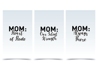 Words of congratulations about mom concept in the flat cartoon design. Motherhood posters with quotes written in bold black text on a white background expressing appreciation. Vector illustration.