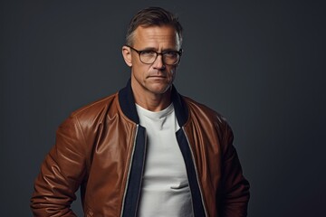 Fototapeta premium Portrait of a tender man in his 40s sporting a stylish varsity jacket over minimalist or empty room background