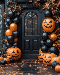 Halloween Decorations at Spooky Entrance with Pumpkins