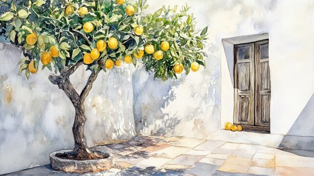 Fototapeta Watercolor of Lemon tree in Traditional greek Santorini house with bougainvillea flowers,Greece islands blue white traditional cafe restaurant architecture,Santorini blue door window,Mediterranean.